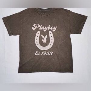 🟫 PLAYBOY Vintage Brown Acid Washed Graphic Short Sleeve T-Shirt Size Large NWOT